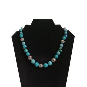 Turquoise Blue and Silver Toned Round Assorted Beads Boho Chic Fashion Necklace